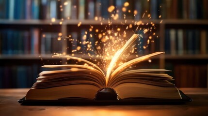 An open book on a wooden table emitting a magical glow with sparkles, set against a blurred background of bookshelves filled with books.