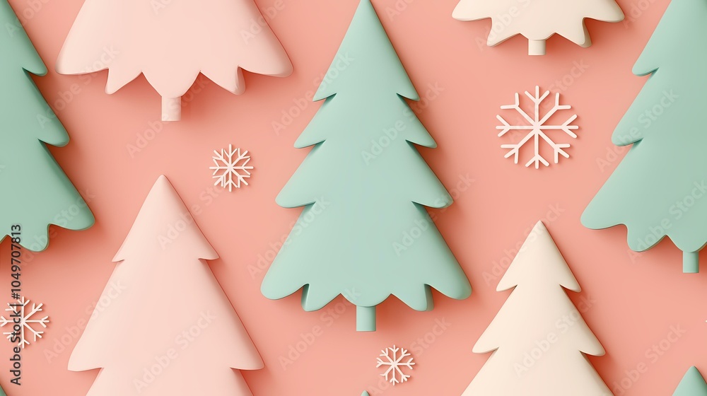 Poster the image contains a pattern of multicolored christmas trees and snowflakes on a pink background.