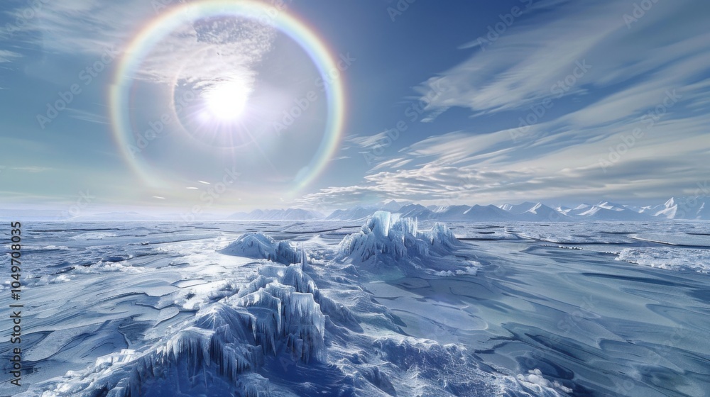 Poster a captivating view of a high-altitude ice floe with intricate, fractal ice formations and a rare, br
