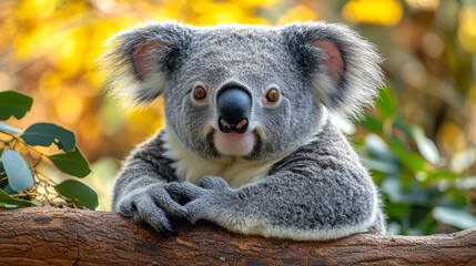 Fototapeta premium Koala resting on branch surrounded by green leaves, showcasing its unique features and calm demeanor in vibrant forest setting