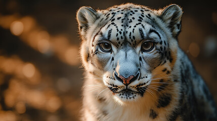Fototapeta premium Majestic snow leopard gazes intently, showcasing its striking features and beautiful fur patterns. This captivating creature embodies grace and strength in its natural habitat