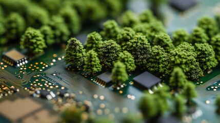 Forest on circuit board, eco technology concept
