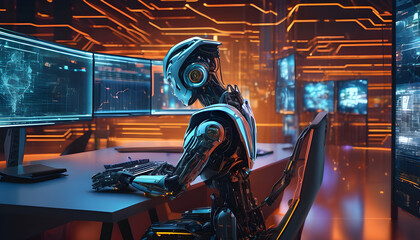 An AI robot with a screen displaying a line graph with financial growth figures.