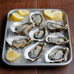 Fresh oysters on a silver tray with lemon wedges, seafood bar lighting