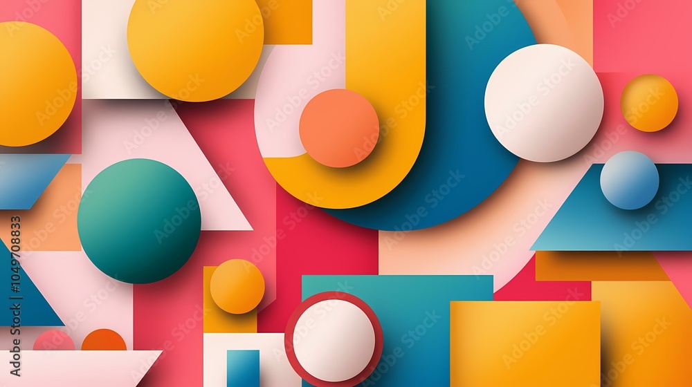 Poster an abstract pattern of colorful circles, squares, and triangles with a slight 3d effect.