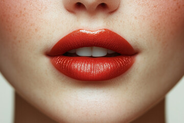 Fototapeta premium Closeup of Freckled Skin with Bold Red Lips AI Generated