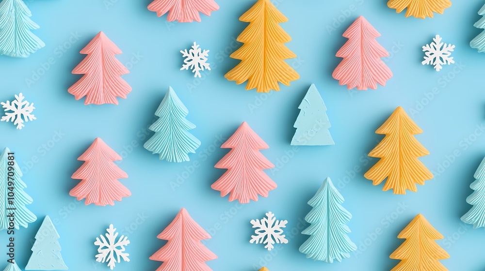 Poster the image contains a blue background with colorful christmas trees and snowflakes.