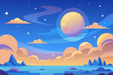 Vibrant cartoon landscape with colorful clouds, a large moon, and a serene ocean under a starry sky. Perfect for fantasy and space-themed designs.