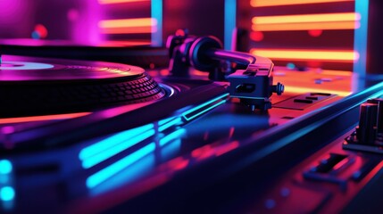 A detailed shot of vinyl on a turntable, vibrant lighting and ample room for branding