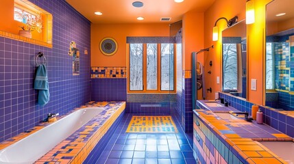 Fototapeta premium This eclectic bathroom showcases a vibrant mix of tile patterns in bright colors, creating a cheerful and artistic space perfect for any home.