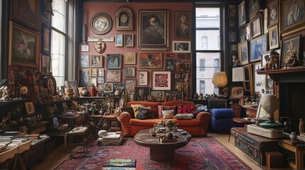 Explore an eclectic living room adorned with diverse art and unique decor. This vibrant space showcases a rich blend of styles, creating a cozy atmosphere.