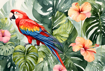 Obraz premium A vibrant watercolor painting of a blue and yellow parrot perched on a branch, surrounded by large tropical leaves and red hibiscus flowers.