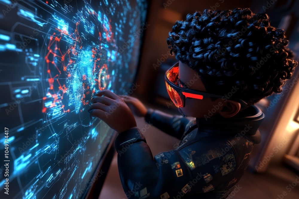 Poster A 3D-illustrated character taking control of a futuristic control room, manipulating floating holographic screens in a digital environment