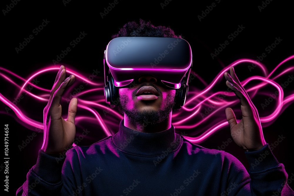 Poster a 3d-illustrated image of a gamer taking over a virtual world, with their avatar standing in front o