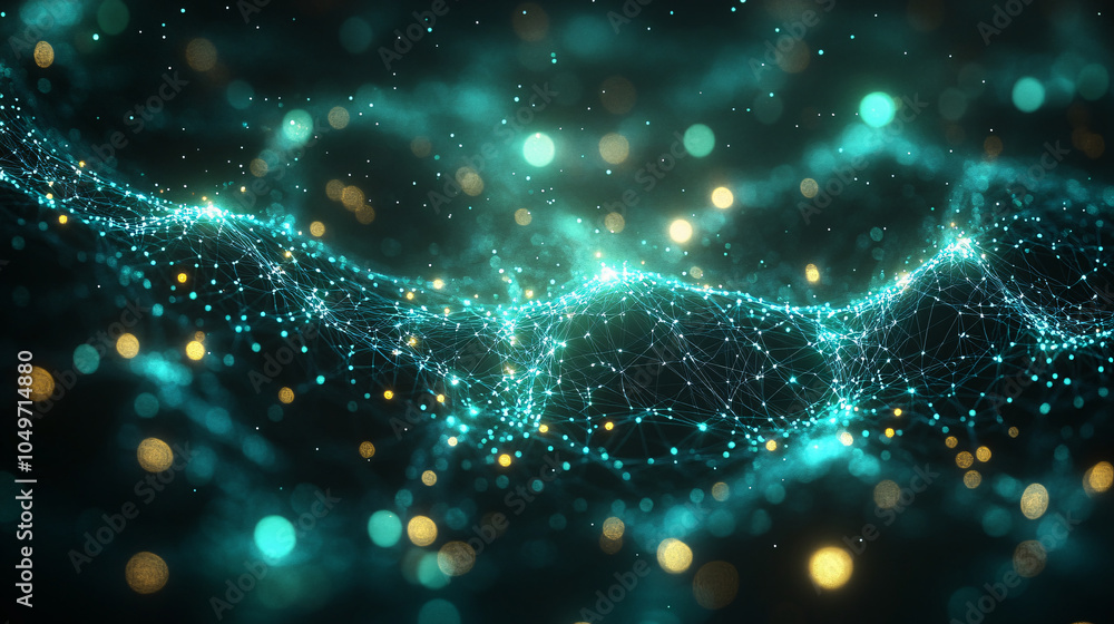 Poster a glowing network of teal-colored lines and nodes, resembling a digital wave of data flowing through