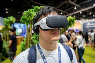 A 3D-rendered image of a tech expo taking place, with people exploring the latest gadgets and VR experiences in a sleek exhibition hall