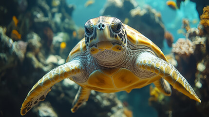 Obraz premium Majestic sea turtle glides effortlessly through vibrant coral reef, showcasing its beauty and grace in underwater world