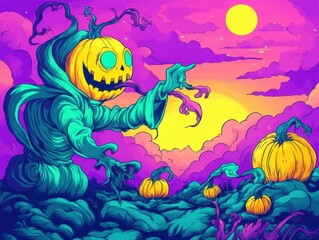 Obraz premium Halloween scarecrow in vibrant spooky landscape