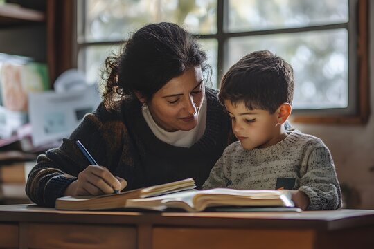 A classroom setting with Braille learning tools, books, and a teacher assisting a visually impaired student in reading. World Braille Day (January 4)