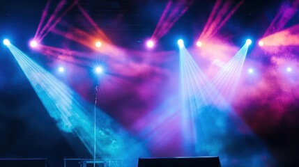Obraz premium Colorful stage lights illuminate a smoky backdrop, creating an energetic atmosphere perfect for concerts and performances.