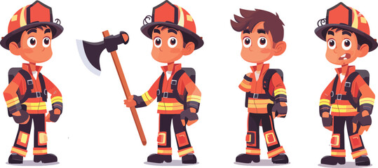 Set Of Fireman Character Design Mascot With Different Poses And Expressions Wearing Uniform And Holding Axe Perfect For Fire Department Firefighter Emergency Rescue Service Safety And Mascot Design