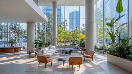 Spacious modern living room featuring high ceilings, large windows, and stylish furniture. The design emphasizes natural light and greenery. Ideal for urban living.