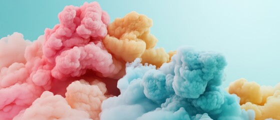 Fototapeta premium A vibrant array of colorfully textured clouds in shades of pink, blue, and orange against a soft turquoise background.