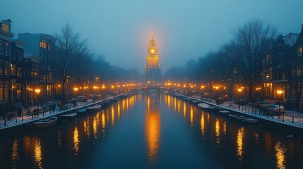 Naklejka premium A snowy canal in Amsterdam, Netherlands with a church in the background at dusk. The city is illuminated by streetlights and the water is reflecting the light.