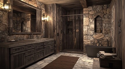 This rustic bathroom features stunning stone walls and distressed wood accents, creating a warm and inviting atmosphere perfect for relaxation and style.