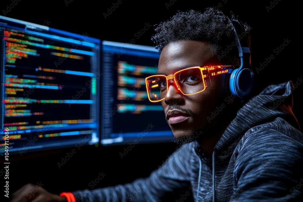 Poster a cyberpunk hacker taking over a megacorpâ€™s network, with glowing neon screens and city lights out