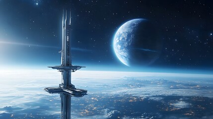A futuristic space elevator rising from Earth's surface into space