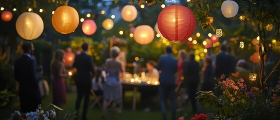 A vibrant outdoor gathering illuminated by colorful lanterns, with people mingling and enjoying the festive atmosphere.