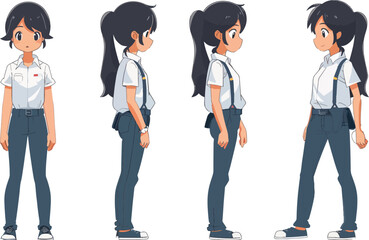 Fototapeta premium Anime Style School Girl Character Design Front Side Back View Poses Set Collection Casual Outfit Standing Posture Expressionless Emotionless Face Manga Cartoon Comic Illustration