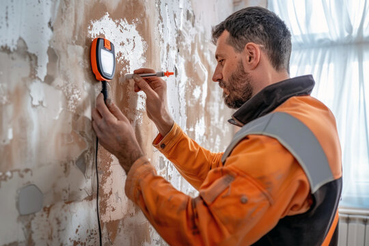 Middle-aged male technician using a moisture meter on a moldy wall