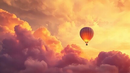 Fototapeta premium A vibrant hot air balloon soars through a colorful sky filled with fluffy clouds during sunset, creating a picturesque and serene scene.