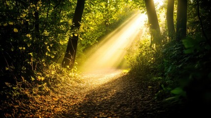 A serene forest path illuminated by golden sunlight filtering through the trees, creating a tranquil and inviting atmosphere.