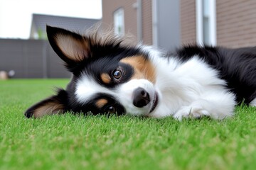 A dog lying on its back in the backyard, taking it easy under the warm sun with a happy, relaxed expression