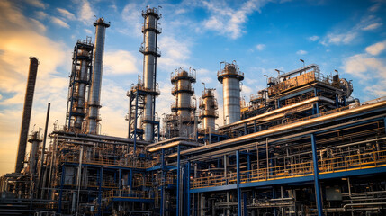Fototapeta premium A photo of industrial equipment at a chemical plant refinery, highlighting the connection between business, finance, and industry.