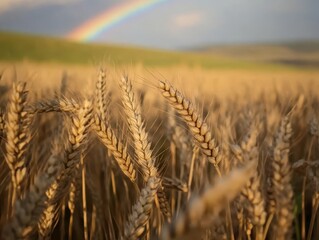 Naklejka premium Golden wheat stalks glisten in sunlight, with a vibrant rainbow arching in the background against a serene landscape.