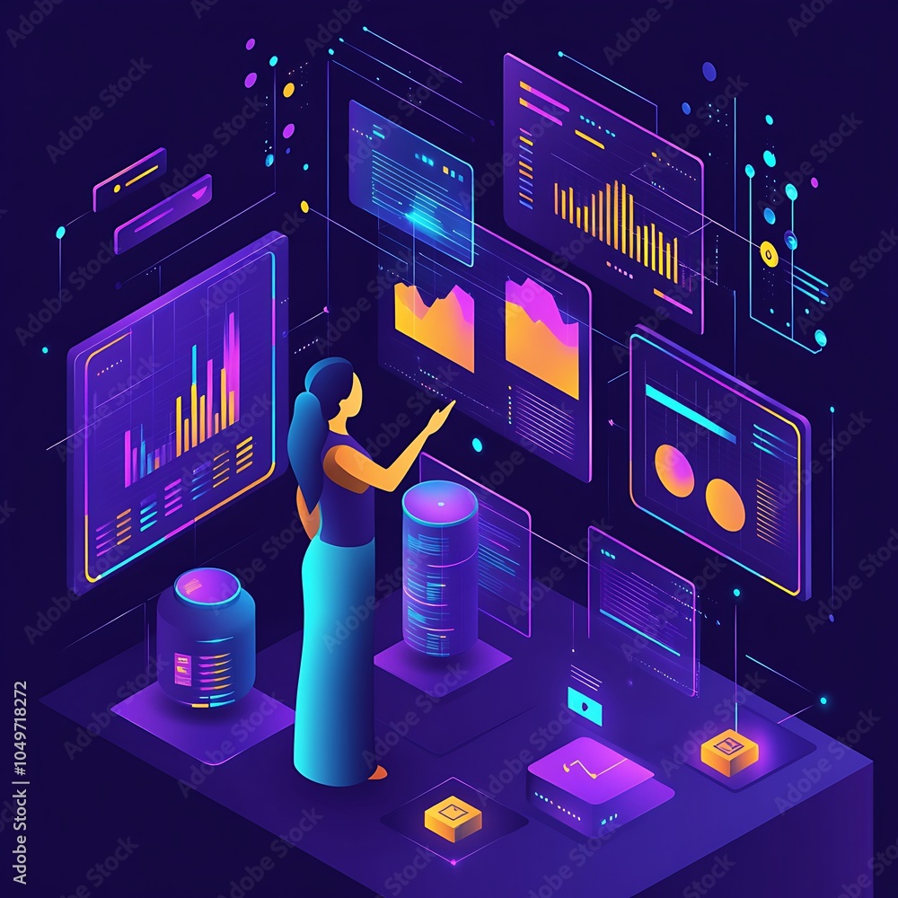 Poster female data expert working with advanced digital interface for detailed analysis image