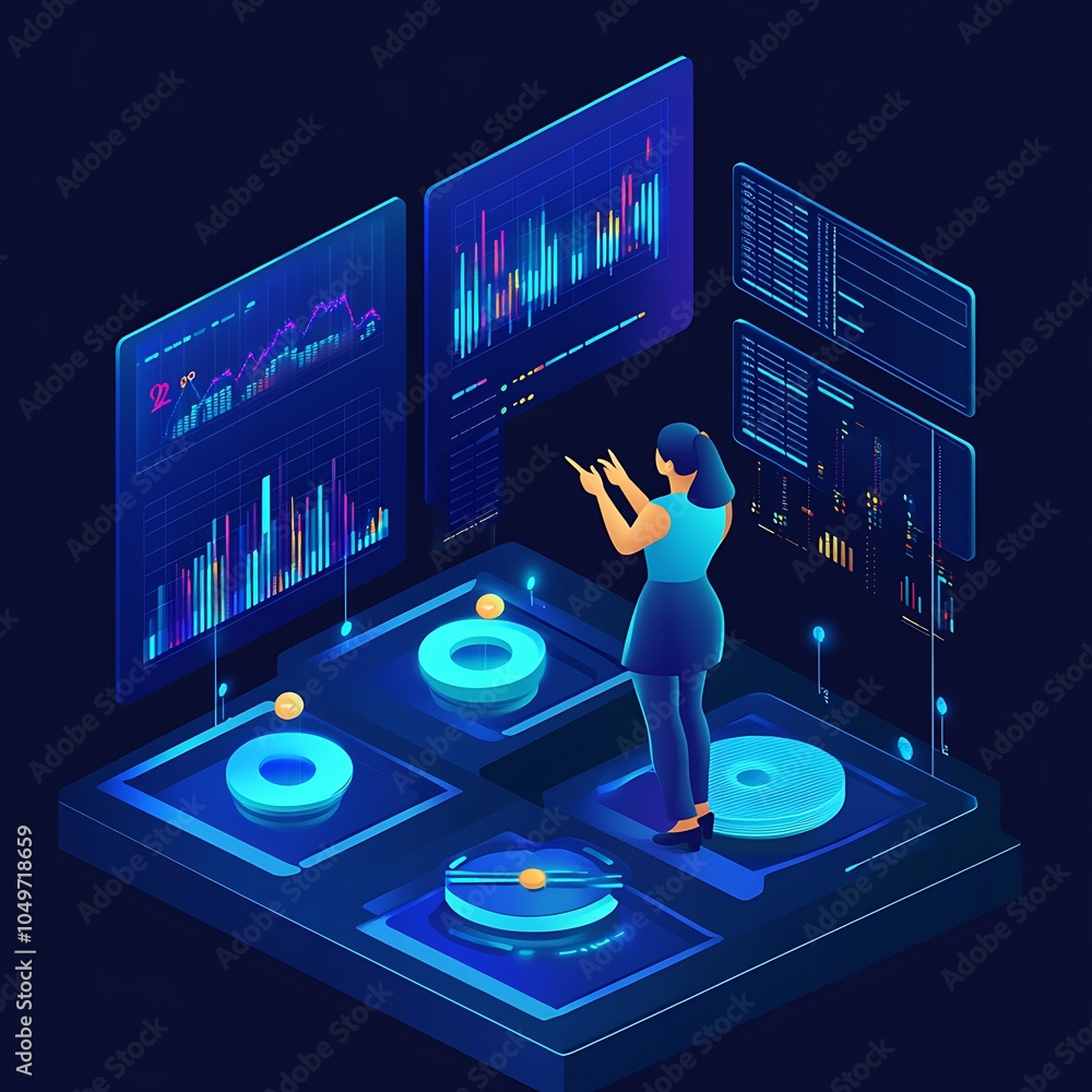 Poster female professional examining data on futuristic multi-layered digital interface image