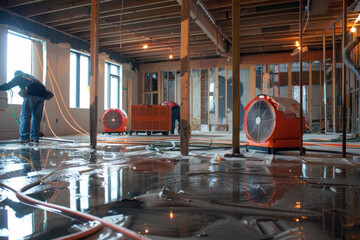 Industrial drying fans on wet floor inside a stripped-down commercial building.