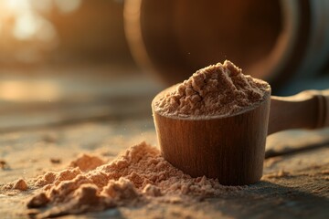 Fine Brown Powder in Wooden Scoop on Rustic Background