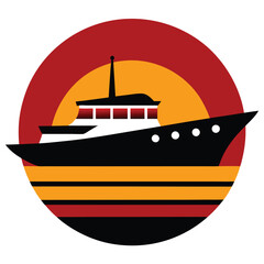 Obraz premium Vibrant Sunset Cruise Ship Icon with Red Yellow Orange Circle