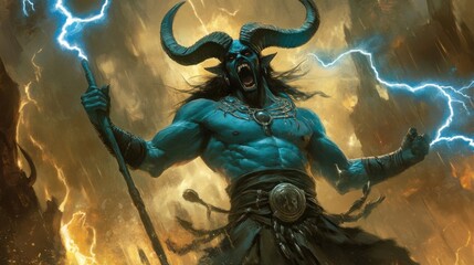 Fototapeta premium Dark Demonic Figure with Long Horns and Electric Energy