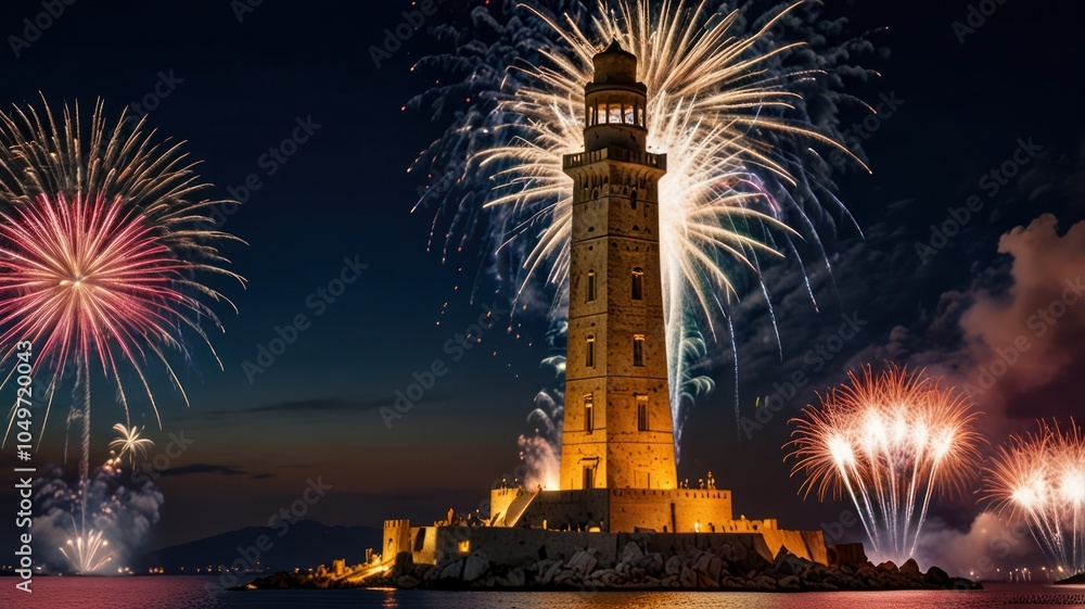 Poster a tall lighthouse stands illuminated against a backdrop of vibrant fireworks exploding in the night 