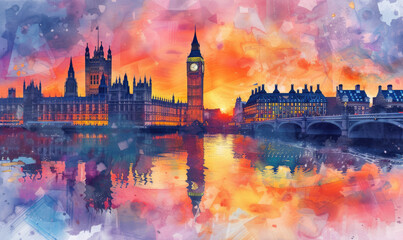 Fototapeta premium Watercolor London cityscape with Houses of Parliament and Big Ben tower at sunset, UK