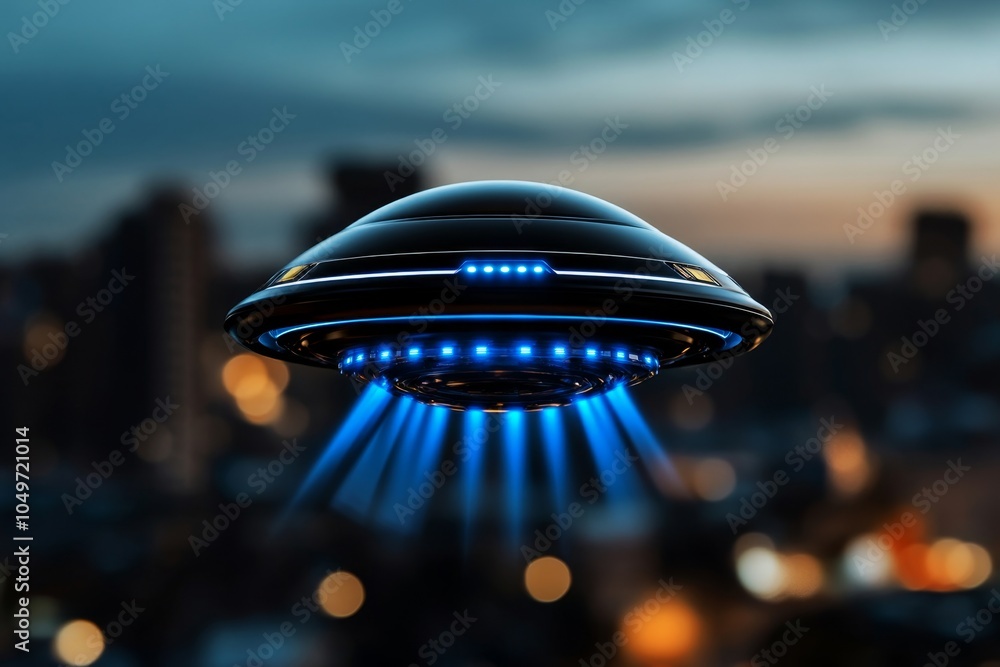 Poster A high-tech spaceship taking over a distant planetâ€™s skies, hovering above a futuristic city with powerful beams of light projecting from it
