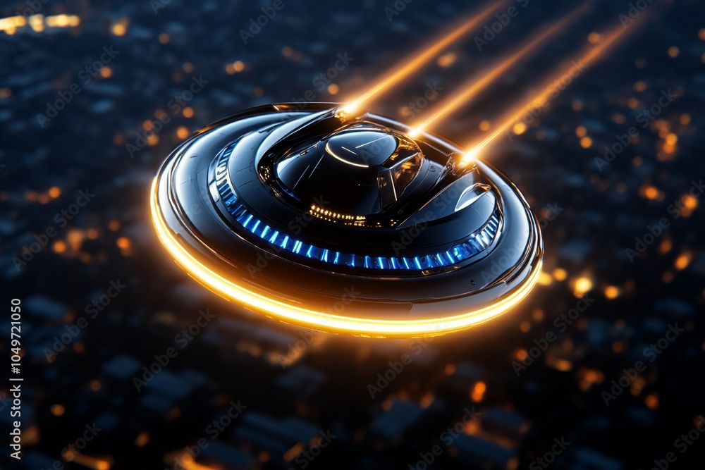 Poster A high-tech spaceship taking over a distant planetâ€™s skies, hovering above a futuristic city with powerful beams of light projecting from it