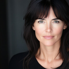 Obraz premium photo of 45 year old woman high school theater teacher with dark hair, gray eyes and dresses in lots of black or dark colors